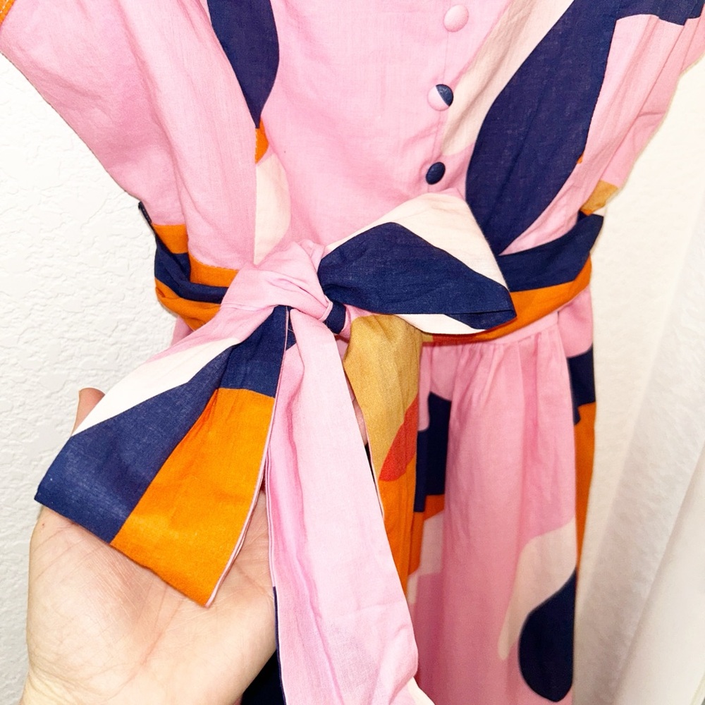 CIEBON The Roma 💯 Cotton Belted Maxi Dress Tie Straps Pink Abstract SZ: Small - Picture 8 of 15
